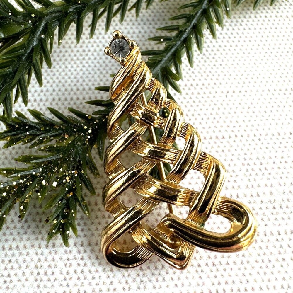 Avon Gold-Tone Christmas Tree Brooch W/ Clear Rhinestone Accent